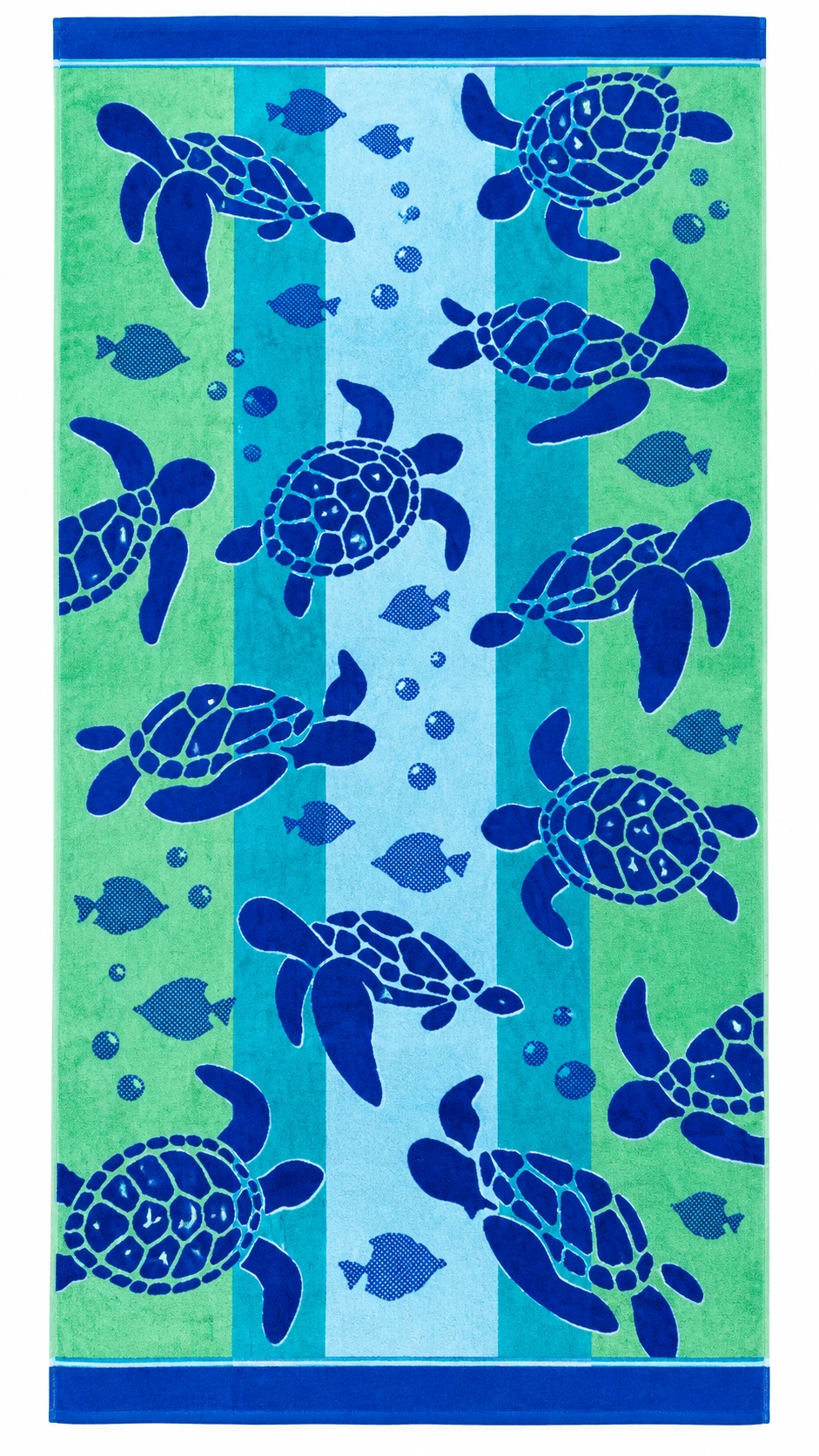 Blue and green beach towel with sea turtles and fish