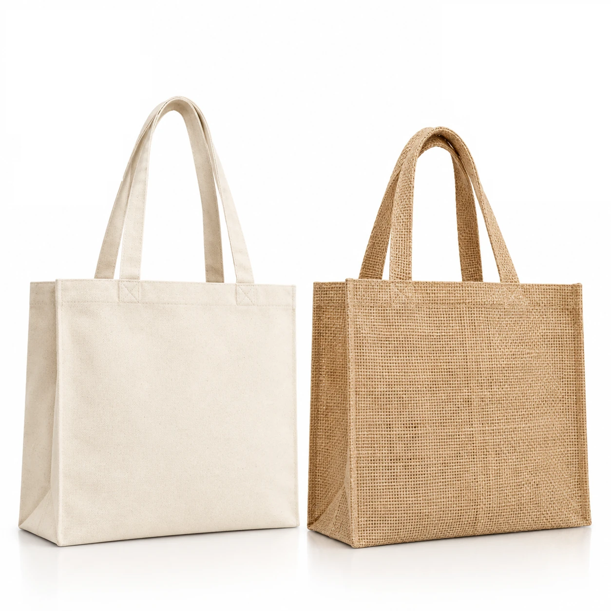 Natural-coloured canvas and jute tote bags side by side
