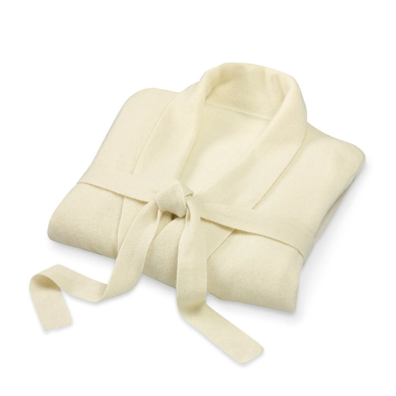 Folded cream hospitality bathrobe with a tie belt
