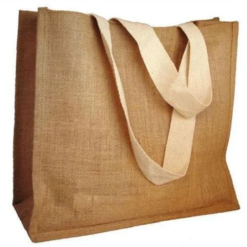 Natural brown jute bag with wide cream fabric handles