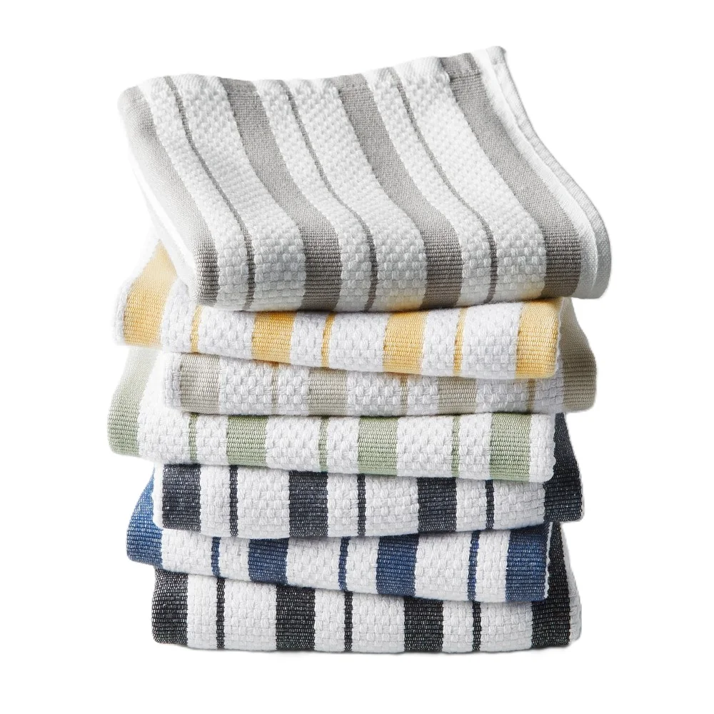 Stacked striped kitchen towels in six colour combinations