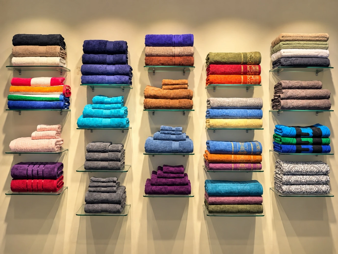 Rich Textiles showroom displaying shelves of colourful towels