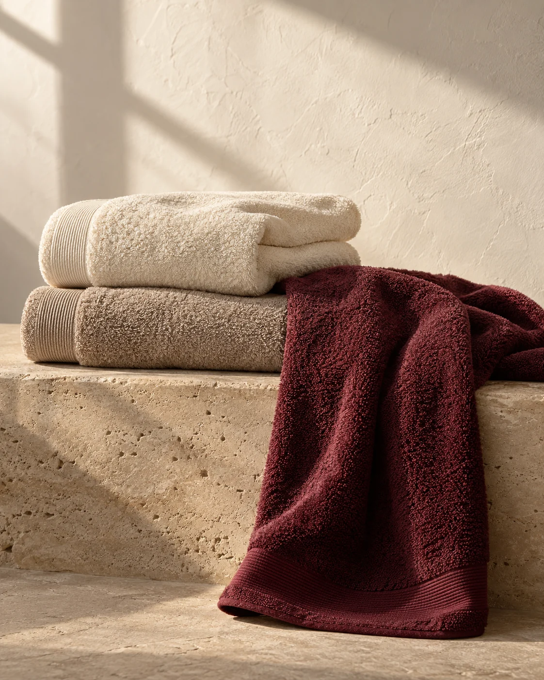 Ivory and burgundy terry towels in warm light